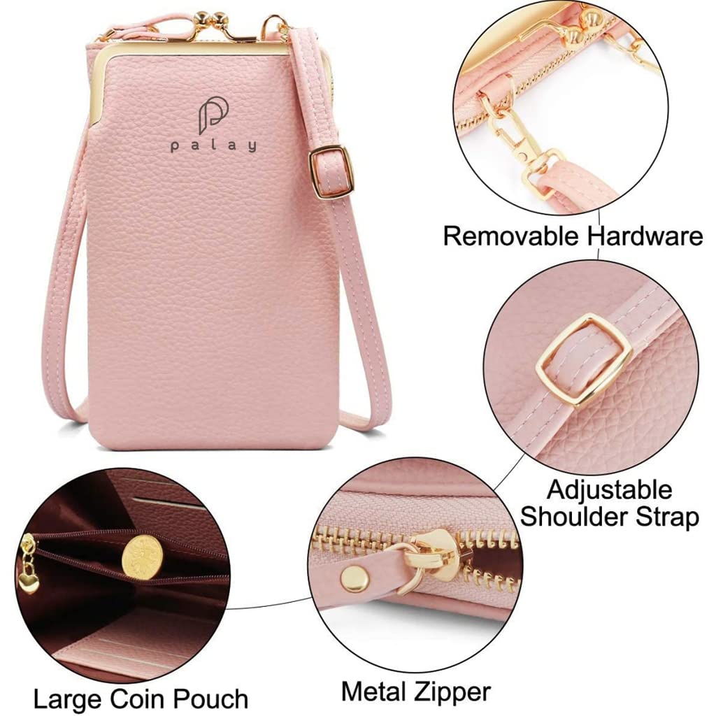 PALAY Women Crossbody Phone Bag Ladies Wallet Small Soft PU Leather Cell Phone Purse Mini Shoulder Bag with Strap Card Slots (Pink)