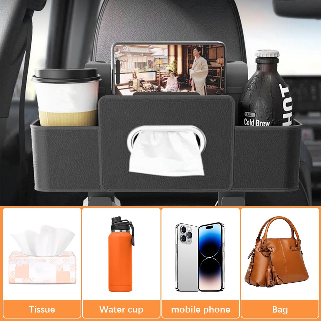 STHIRA Car Backseat Organizer with Dual Hooks and Multi Compartments | PU Leather Storage Box with Tissue Holder for Travel