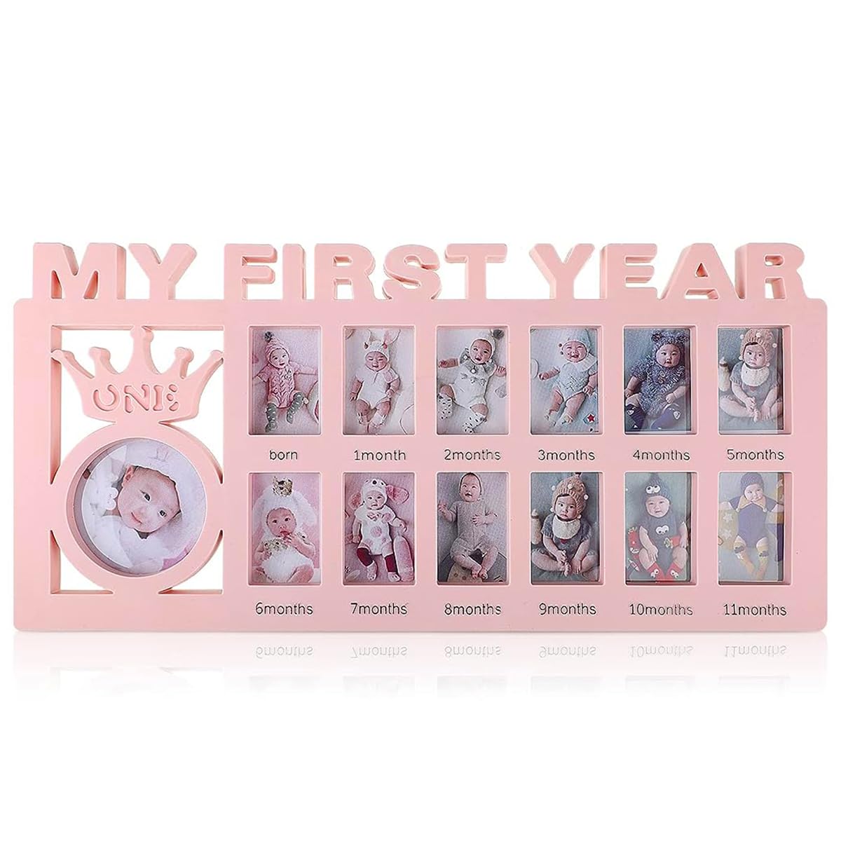 SNOWIE SOFT Photo Frame for Baby First Year Milestones with 12 Slots 42×21.5×2.8 cm | Pink Nursery Keepsake