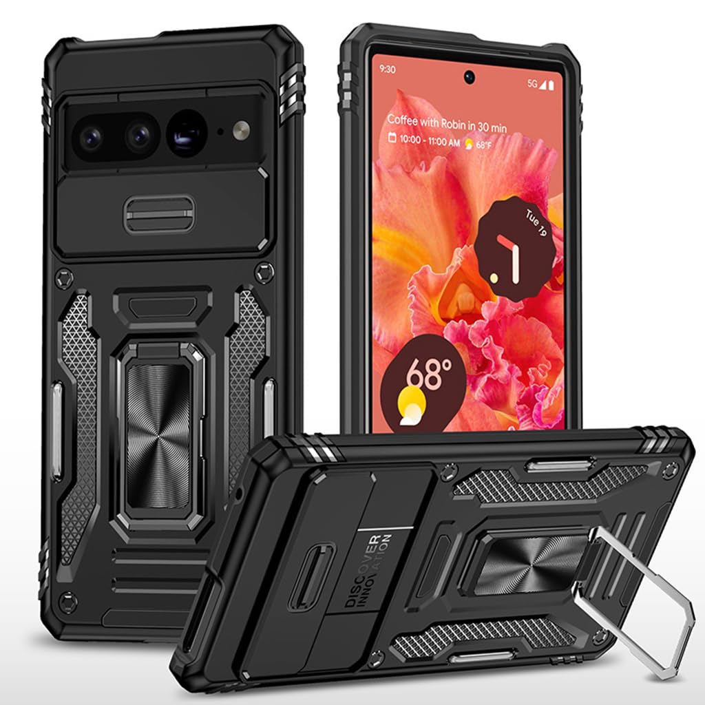 ZORBES® Phone Case for Google Pixel 7 with Slide Camera & Flexible Ring, Phone Cover for Google Pixel 7, Military Grade Heavy Duty Shockproof Protective Case Black