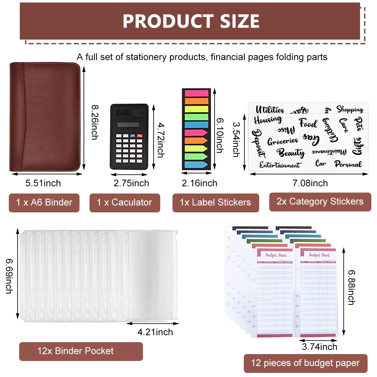 ZIBUYU Brown Leather A6 Notebook Folder for Budget Planning with 6 Ring Binder | Includes Calculator and 12 Cash Envelopes