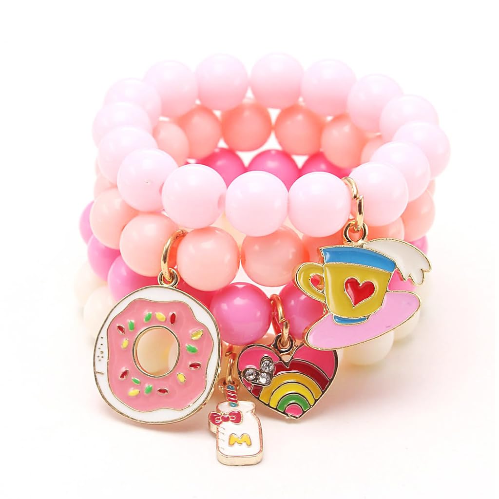 SANNIDHI Beads Bracelet for Girls Kids 4pcs Combo Kit, Cute Cartoon Friendship Bracelet, Acrylic Color Beaded Hand Bracelets with Alloy Enamel Charms, Children's Day Gift for Girls