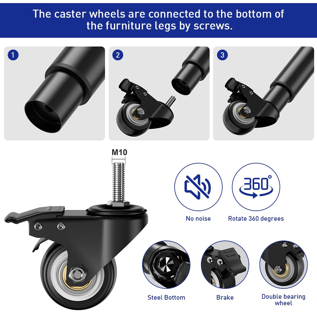 HASTHIP® 4Pcs Furniture Legs 7-12 inch Metal Adjustable Furniture Legs with 360 ° Swivel Caster Wheels, 400KG Heavy Duty Metal Furniture Support Legs Bed Frame Support Legs for Cabinet/Sofa/Bed/Table