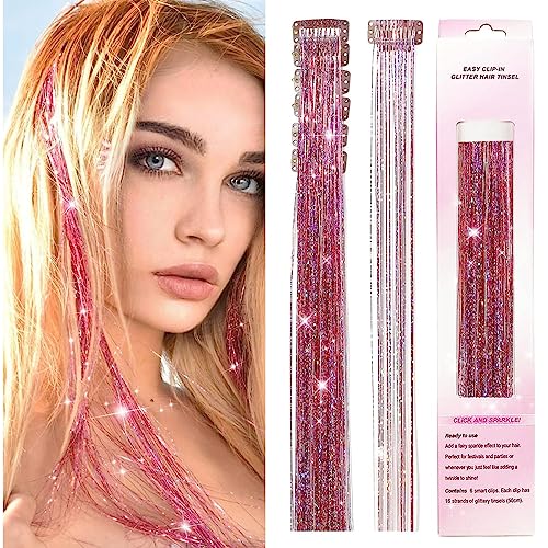 MAYCREATE® 6pcs Hair Tinsel Clip-in Glitter Hair Extensions for Women, 20.5in Pink Shiny Tinsel Strands, Heat Resistant Fairy Sparkle Hair Accessories for Girls Kids Festival Cosplay Party Gift