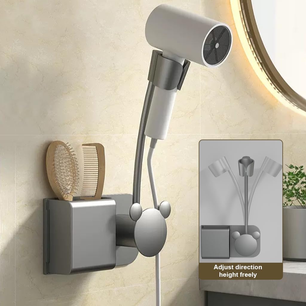 HASTHIP Hair Dryer Holder Wall Mount for Hands Free Styling with Flexible Gooseneck | Bathroom Organizer with Storage Compartment and Cable Management