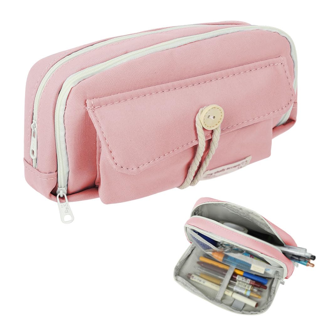 Zibuyu Pencil Pouch for School and Office featuring Double Layer Design with 21x11x7.5cm Canvas | Pink Organizer for Students