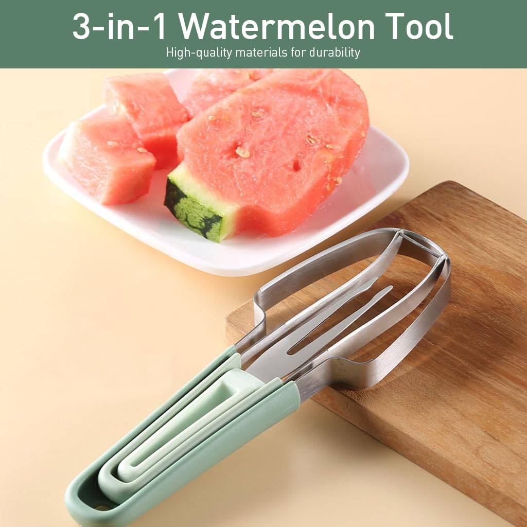 Supvox® 3-in-1 Watermelon Fork Slicer Cutter, Stainless Steel Watermelon Popsicle Cutter Watermelon Cutter Slicer Tool Melon Cutter Knife Portability Fruit Fork for Camping Kitchen Gadgets