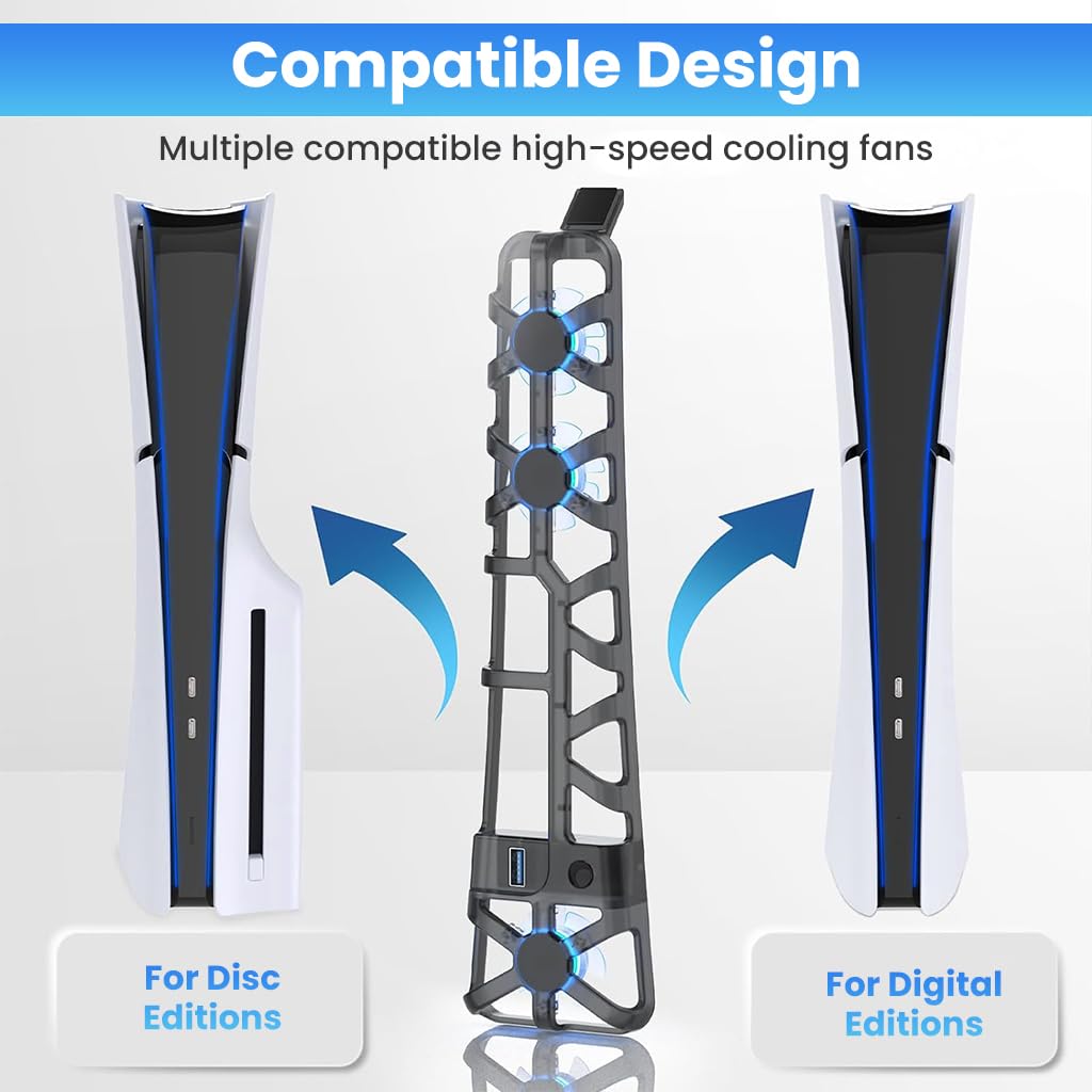 ZORBES LED Fan for PS5 Slim Console with 3 High-Speed Turbo Fans and USB 3.0 Port | Quiet Cooling Accessory