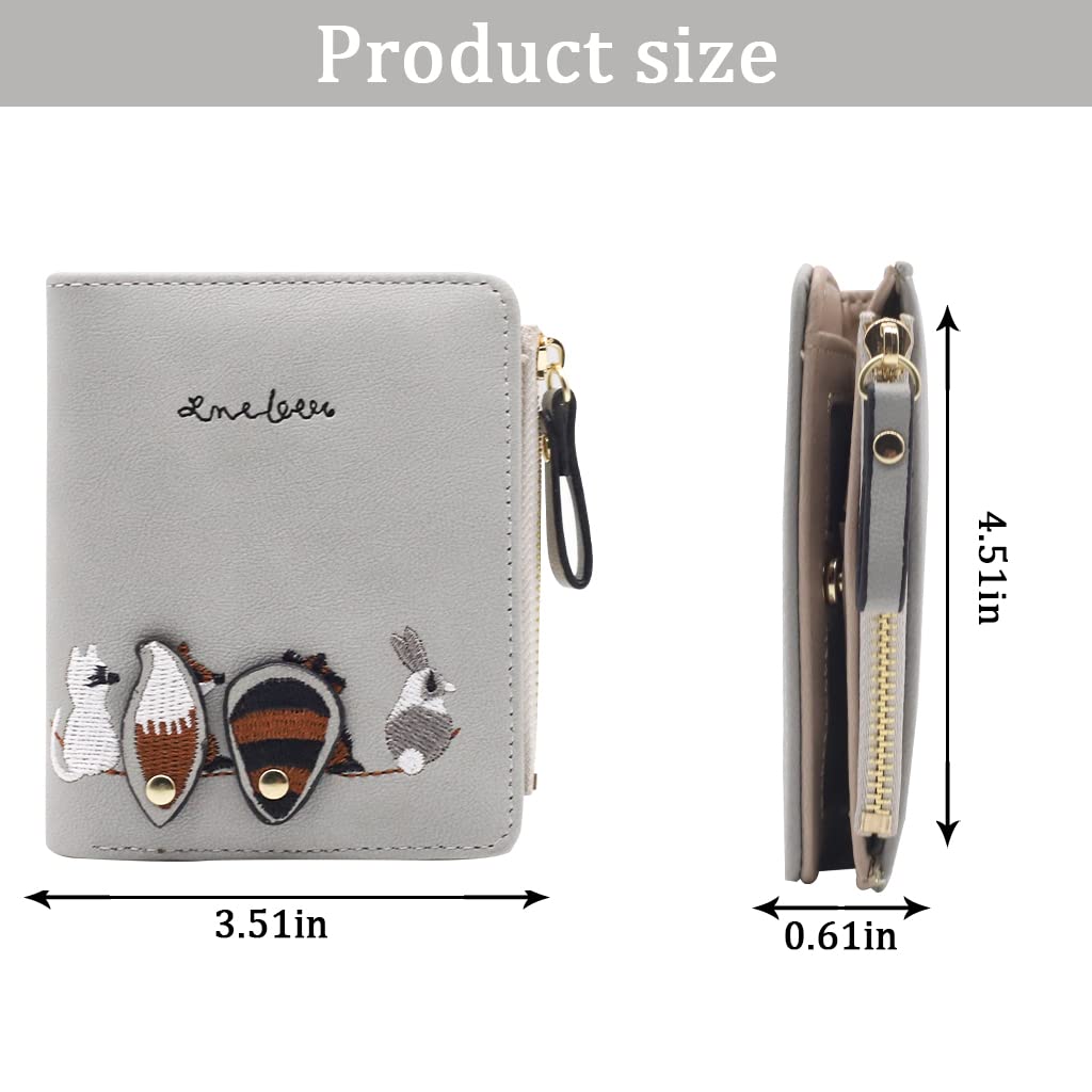 PALAY Small Wallet for Women with Cute Animal Embroidery in Grey PU Leather | 1 Pc Gift