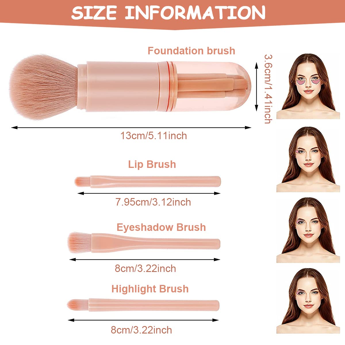 MAYCREATE® Mini Makeup Brush Set 4 in 1 Portable Travel Lip Brush, Highlight Brush, Eyeshadow Brush, Foundation Brush Retractable Facial Cosmetic Brush Set