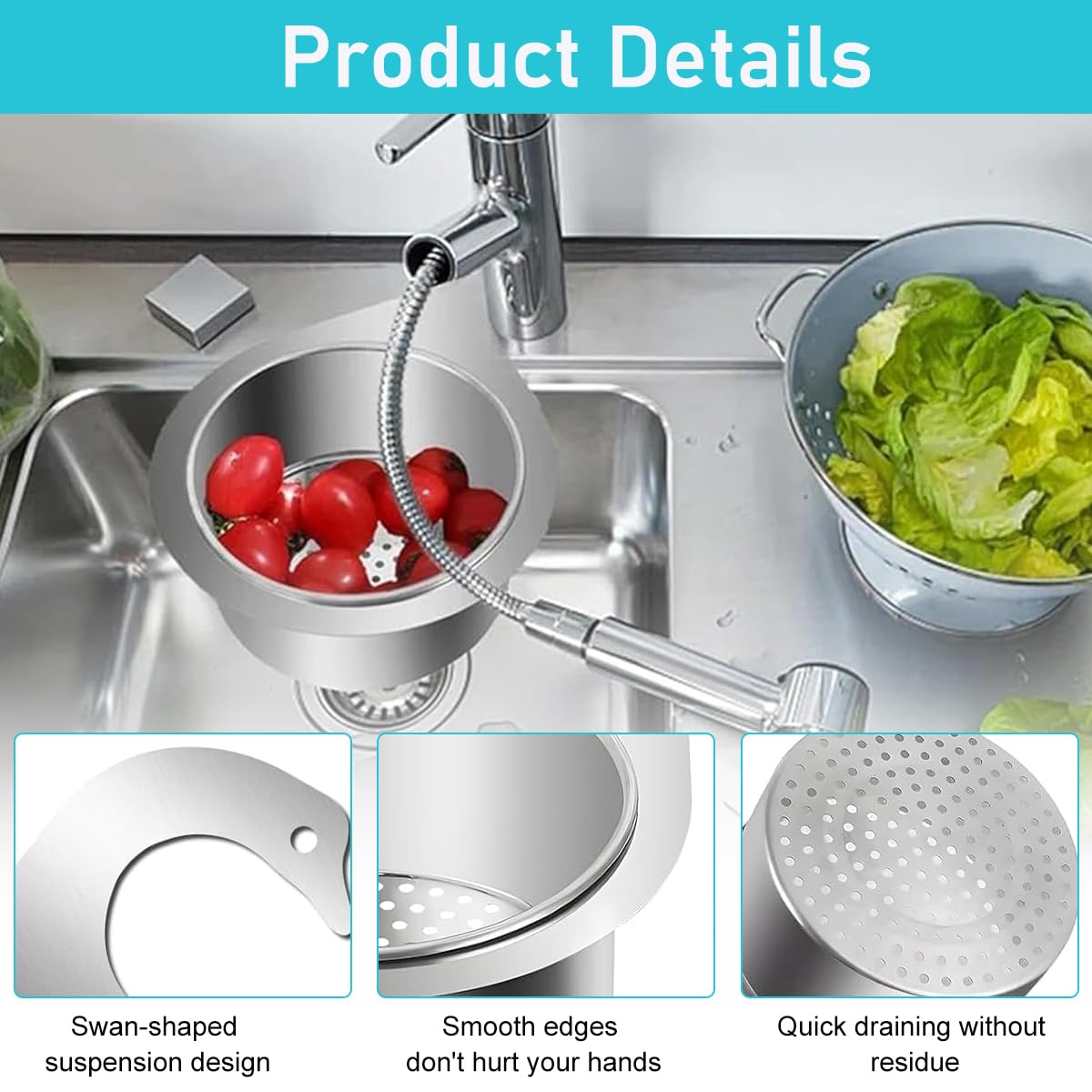 HASTHIP® Kitchen Sink Strainer Basket Stainless Steel Hanging Sink Drain Basket for Residues Preventing Clogs Reuseable Kitchen Sink Mesh Strainer