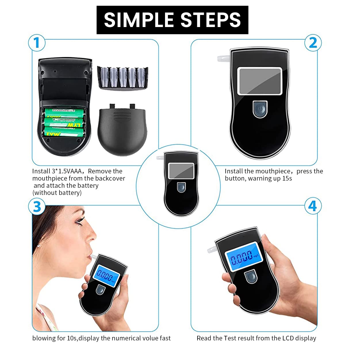 ZORBES Alcohol Testing Machine with 10 Nozzles Alcohol Tester Breathalysers Portable Battery Powered Breathalyzers with LCD Digital Display Siginal Light Indicator High Precision 0.00-0.199% BAC