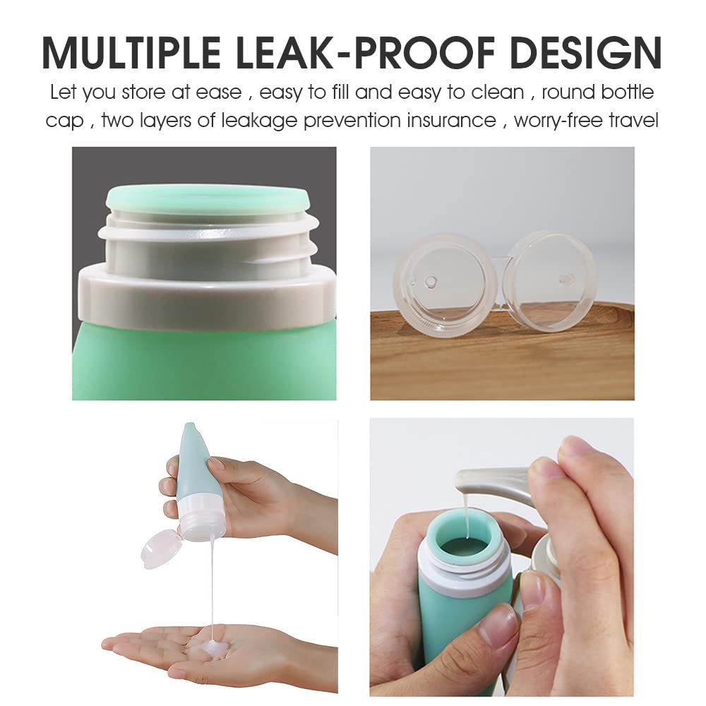 MAYCREATE Travel Bottles for Toiletries 3Pcs 40ml 60ml 90ml with Carabiner | Soft Silicone Leakproof Refillable Containers Green