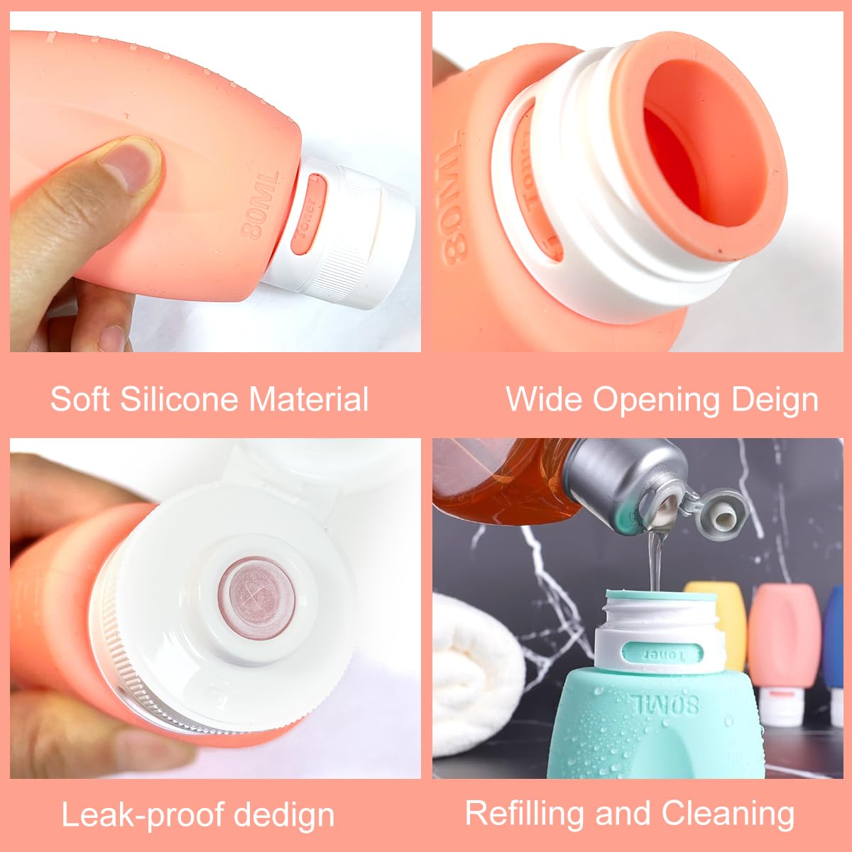 MAYCREATE Travel Bottles for Toiletries with 3 Layer Leak Proof Design and BPA Free Silicone | 4 Pack 3oz Squeezable Containers for Shampoo and Lotion