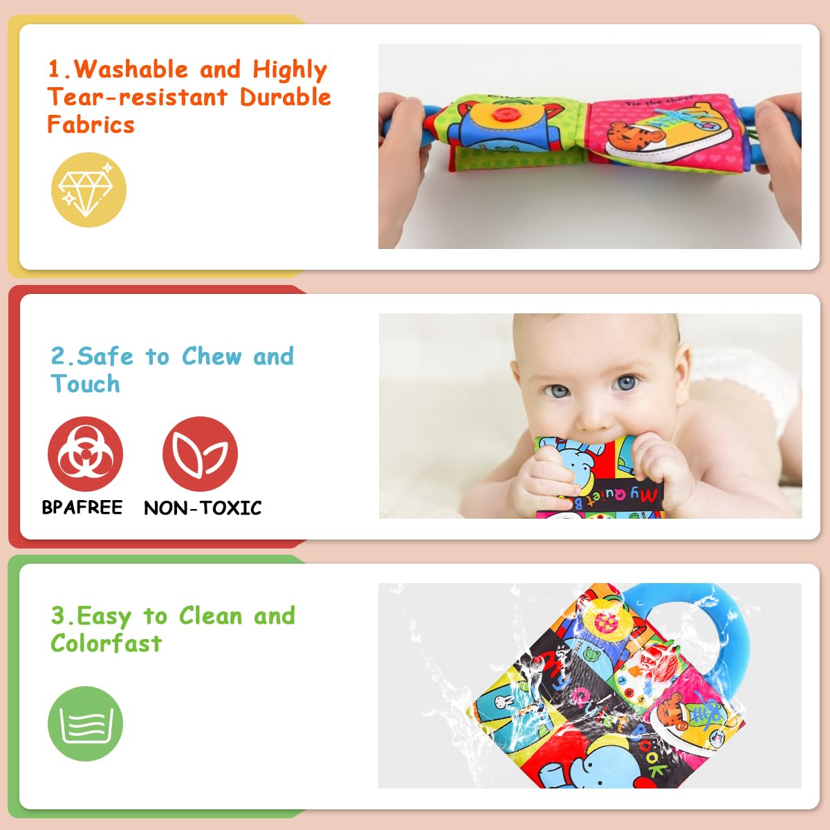 SNOWIE SOFT Dinosaur Cloth Books for Babies with 3D Tails and Crinkly Sound | Washable Soft Fabric Toy