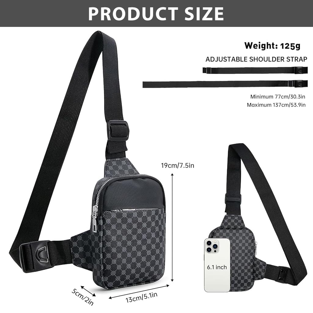 GUSTAVE Small Chest Bag Men's Phone Sling Bag Casual Crossbody Bag Double Layer Fashion Print PU Leather Chest Bag Shoulder Bag Crossbody Phone Bag Travel Phone Bag, 13x5x19cm