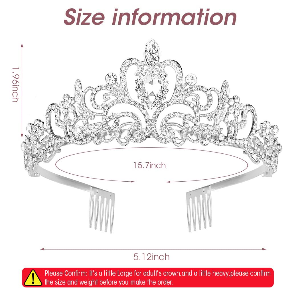 PALAY Tiara Crown for Wedding and Party with Side Combs featuring 13cm Width | Silver Crystal Headband for Women and Girls