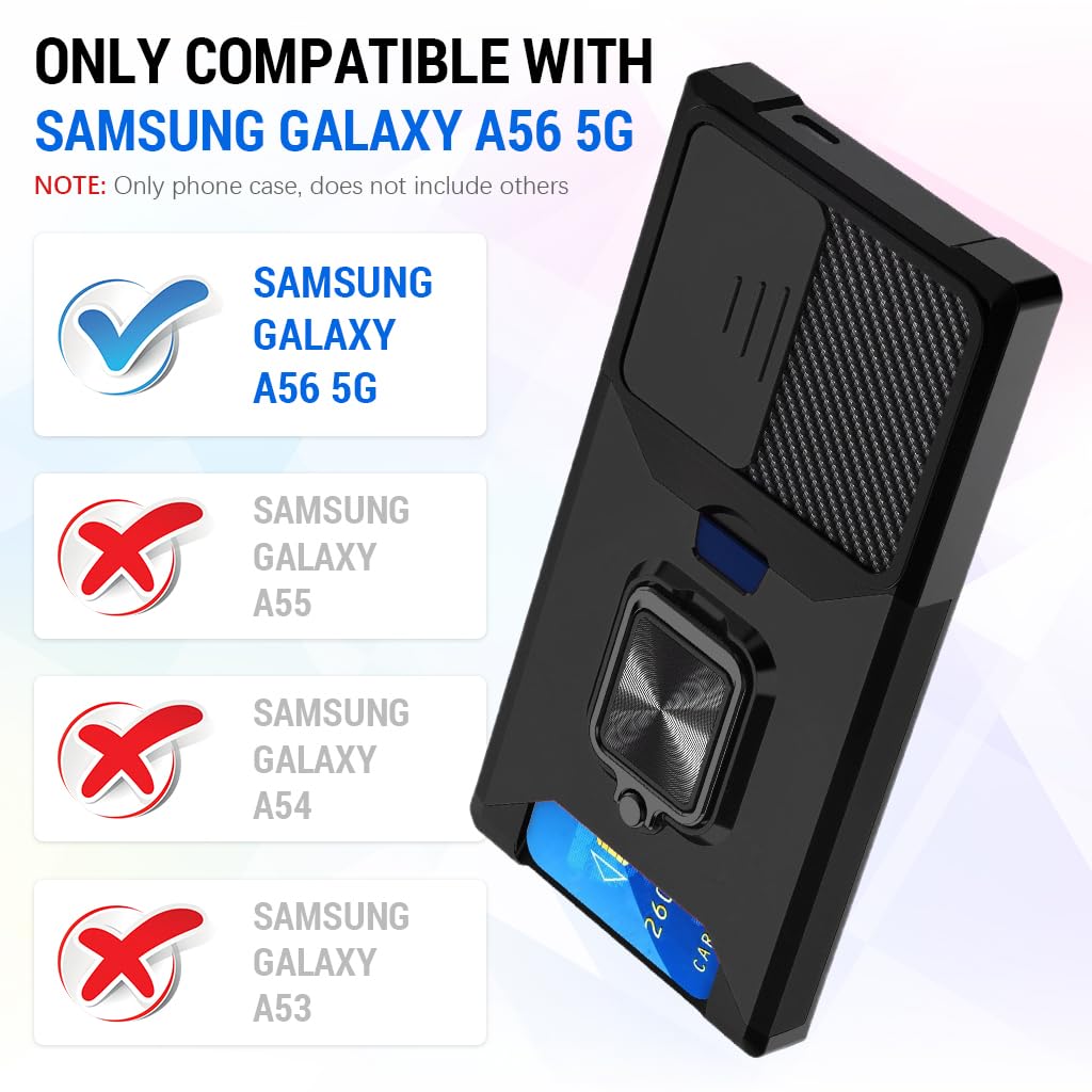 Zibuyu Phone Case for Samsung Galaxy A56 with 360° Ring Holder and Sliding Camera Cover | Black TPU Bumper Protective Cover with Card Slot