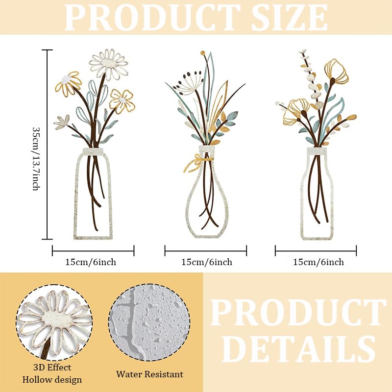 Zibuyu Metal Flowers Wall Art Set of 3 for Living Room with Beige Rustic Farmhouse Charm