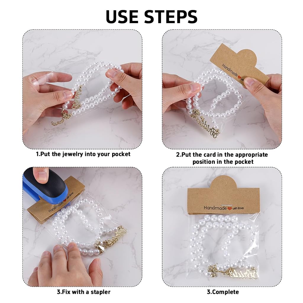 HASTHIP Jewellery Organiser Pouch Set for Rings and Necklaces with 100Pcs 8x10cm Clear Bags | Includes Brown Cardstock Handles for Display and Gifting