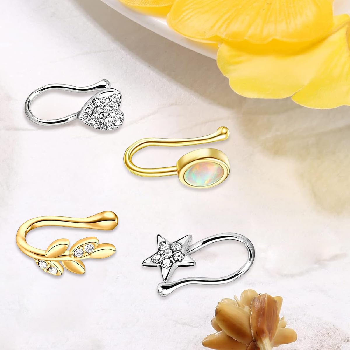 Venzina Nose Ring without Piercing for Women featuring Magnetic Clip On Design 4Pcs Gold and Silver