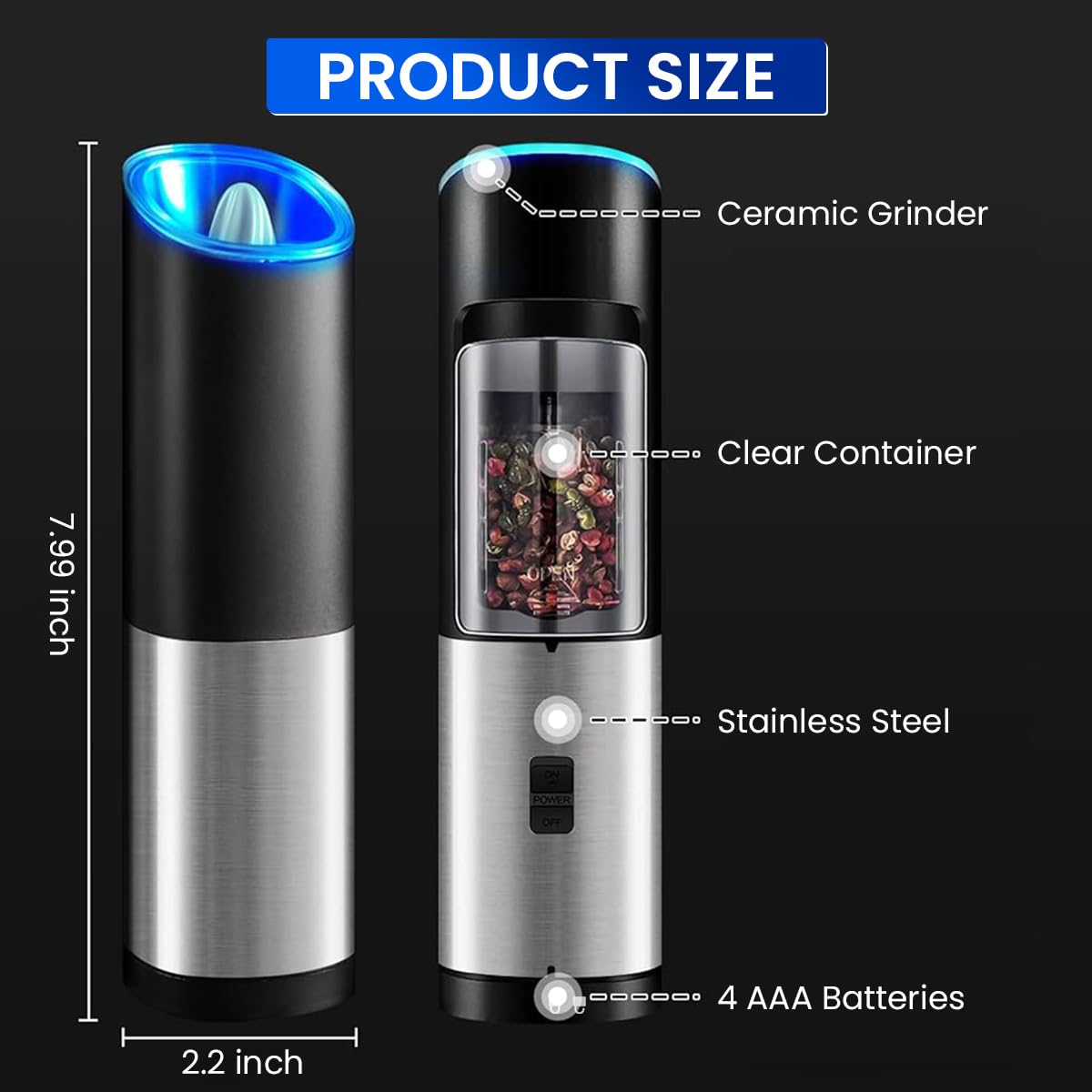 Supvox® Gravity Electric Pepper Crusher with LED Ceramics Grinding Core, Electric Salt and Pepper Grinder, Adjustable Coarseness, Battery Operated, Kitchen Spice Mill Essential for Modern Cooking