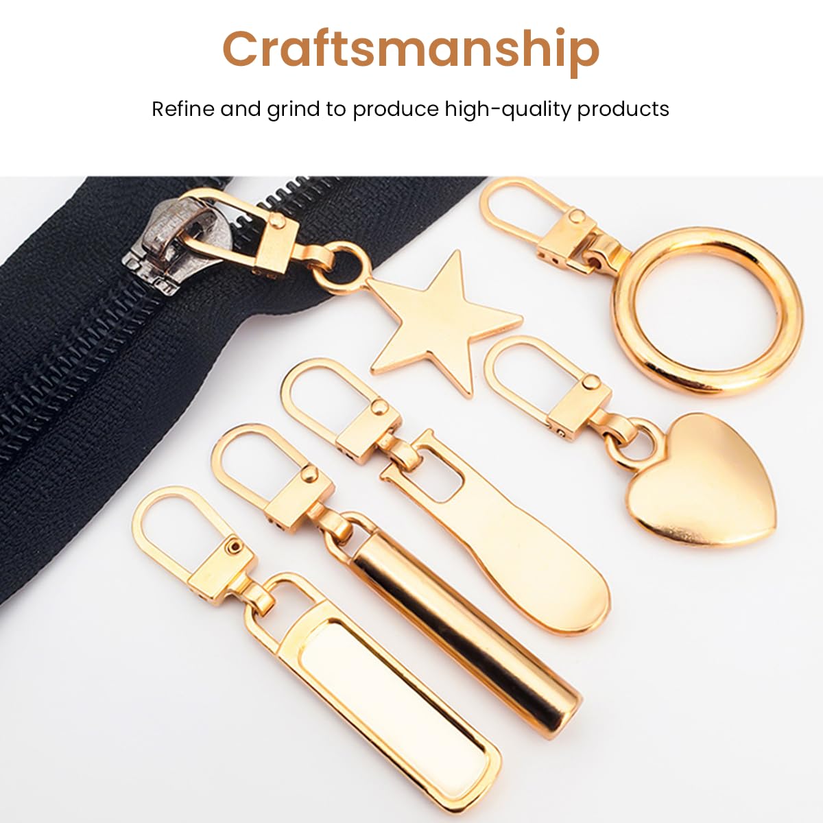 HASTHIP Metal Zipper Pull Replacement Set for Bags and Jackets with 9 Styles Gold Finish | 10pcs