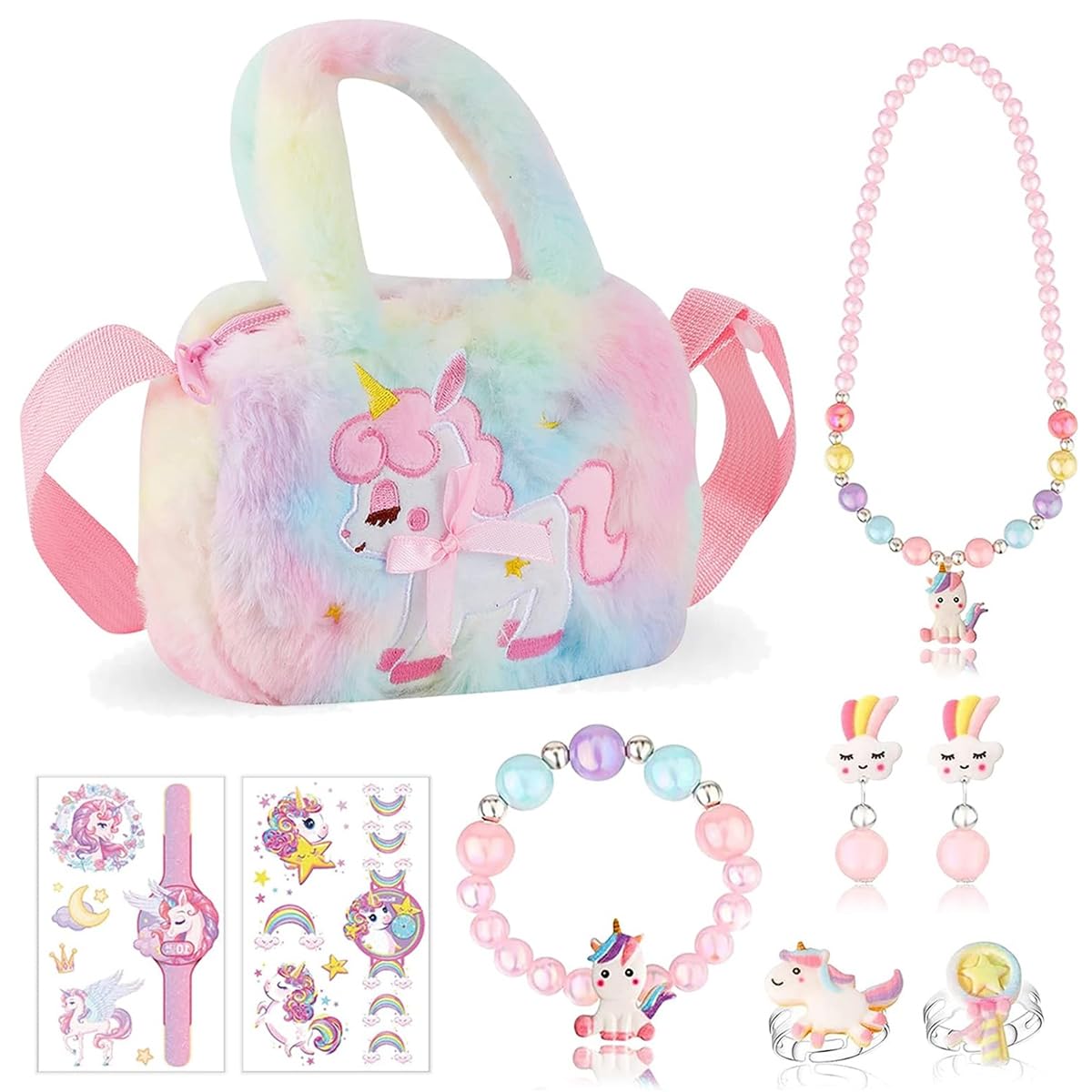 Venzina® Unicorn Crossbody Bag with Jewelry Set for Girls, Princess Plush Handbag Purse Beads Necklace Bracelet Earrings Rings and Stickers Kit, Kids Jewellery Party Dress up Gift