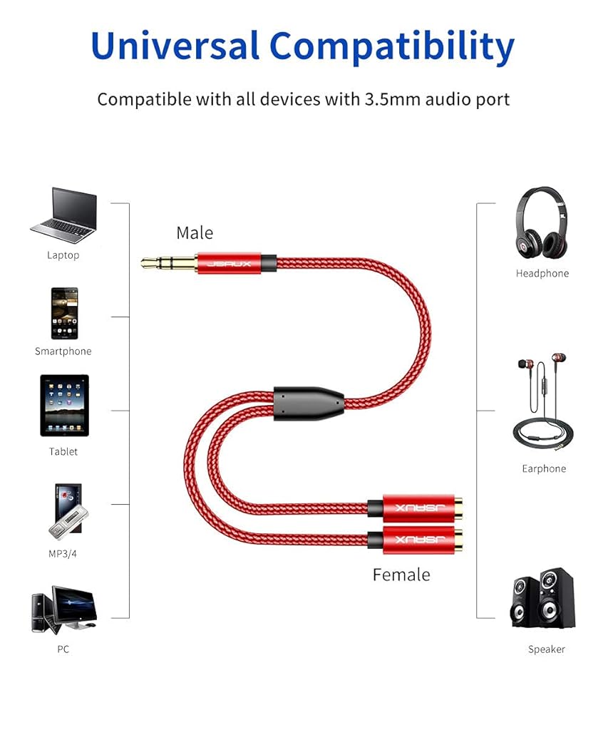 JSAUX® Headphone Splitter 3.5mm 2 Female to 1 Male Audio Stereo Y Cable Dual Adapter Compatible with PS5 Xbox Switch PC Gaming Headsets Phone Tablet Laptop Red 3 PCS