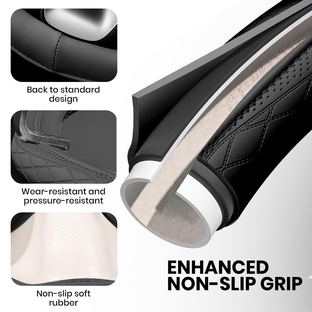 STHIRA Car Steering Wheel Cover for 15 Inch Wheels with Non Slip Grip and PU Leather | Black