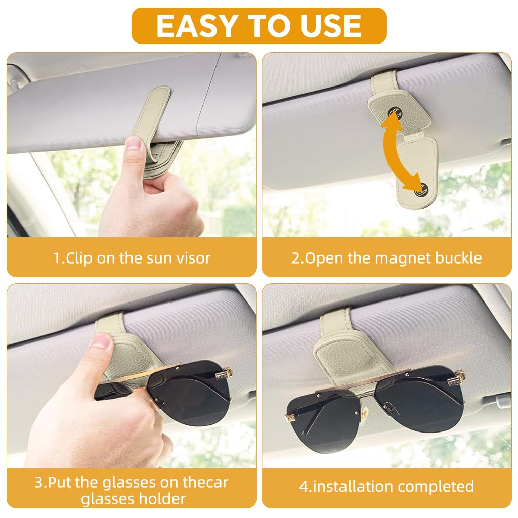 Zibuyu Car Visor Sunglasses Holders 2 Pack with Magnetic Closure and Beige Leather | 9.5x5x3.5cm Clips for Sunglasses and Cards