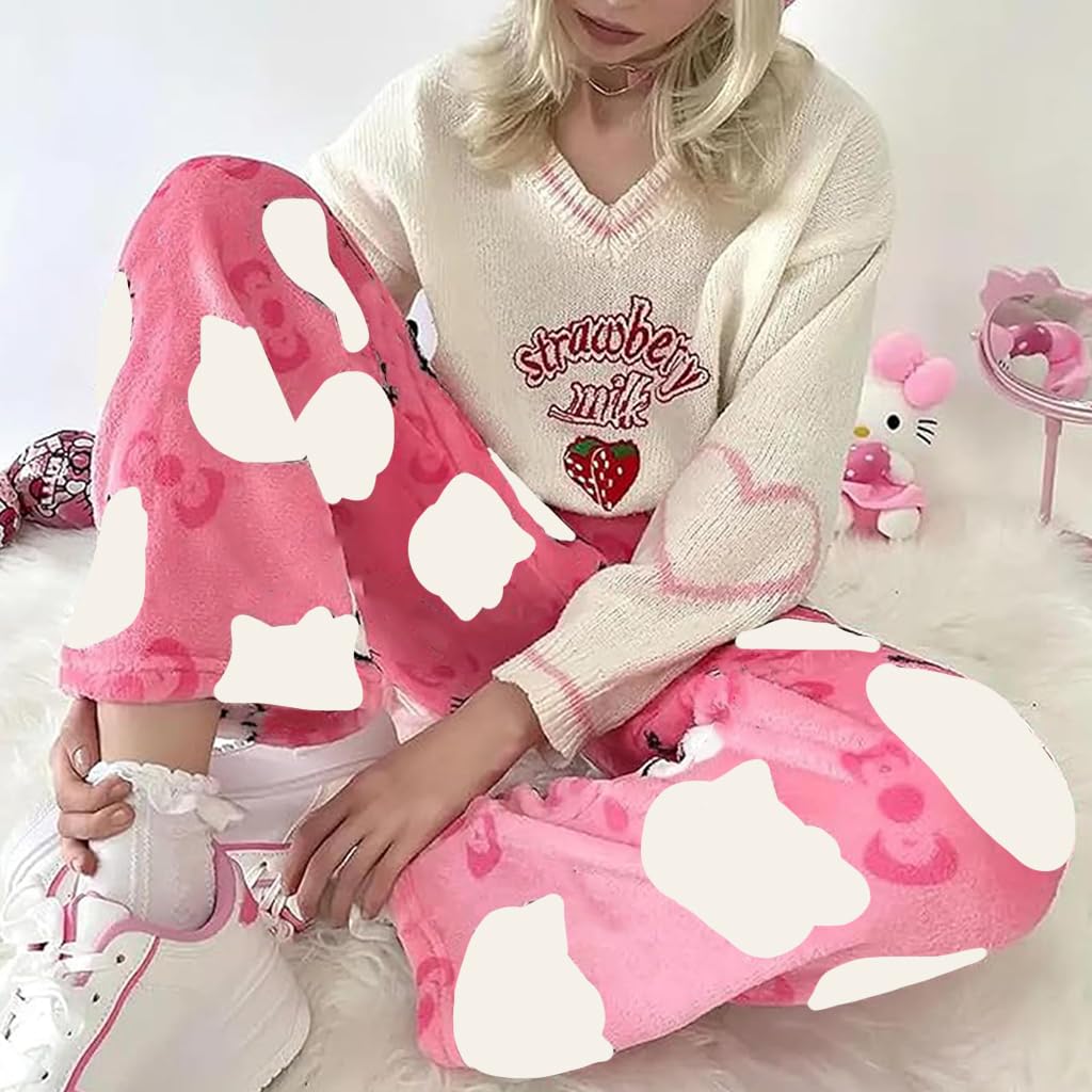 SANNIDHI Anime Pajama Pants for Women featuring Cartoon Cat Print Flannel in Pink | Cozy XXL Lounge Sleep Bottoms