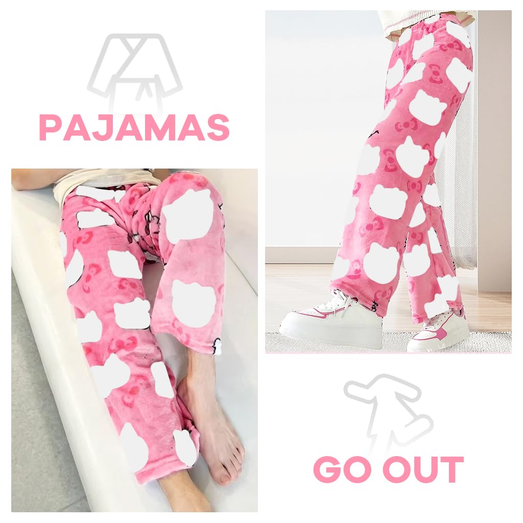 SANNIDHI Anime Pajama Pants for Women featuring Cartoon Cat Print Flannel in Pink | Cozy XXL Lounge Sleep Bottoms