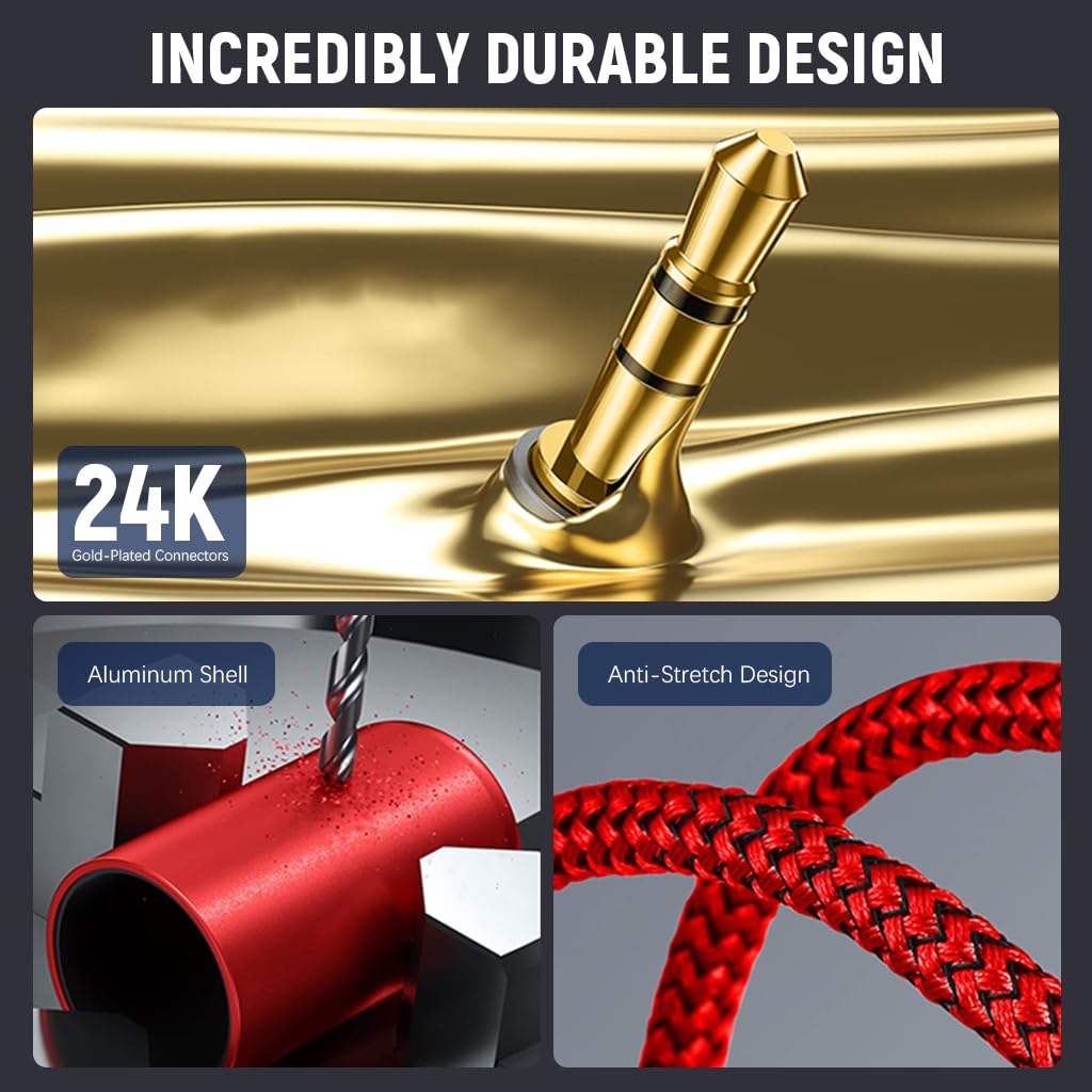 JSAUX RCA Audio Cable for Smartphone and Speaker with Gold-Plated Connectors | 3.9Ft Nylon Braided