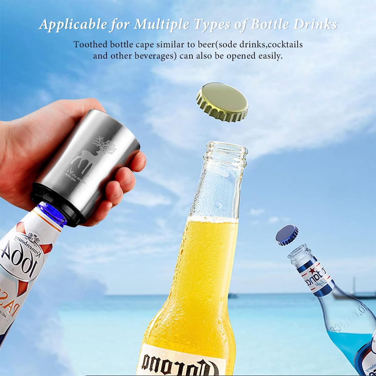 Supvox Beer Bottle Opener, Automatic Bottle Opener, Push Down Bottle Opener, Stainless Steel Wine Beer Soda Cap Opener Beer Gift for Christmas Men Father's Day Women Kitchen Accessories (Silver)