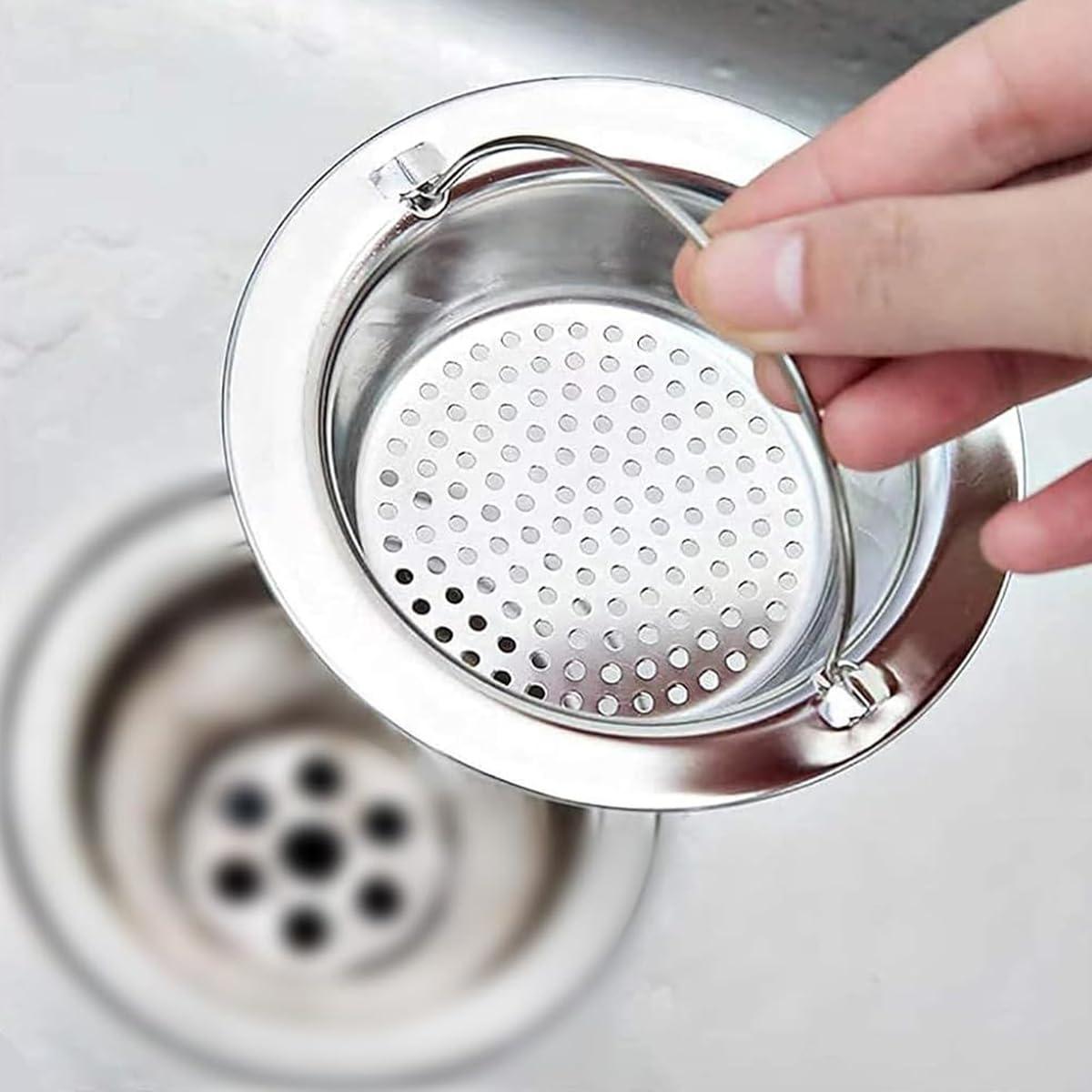 HASTHIP® Sink Strainer 2-Pack, 11cm Stainless Steel Kitchen Sink Drain Mesh Basket With Handle, Food Catcher Screen, Sink Stopper for Home Kitchen And Bathroom, Prevents Clogging