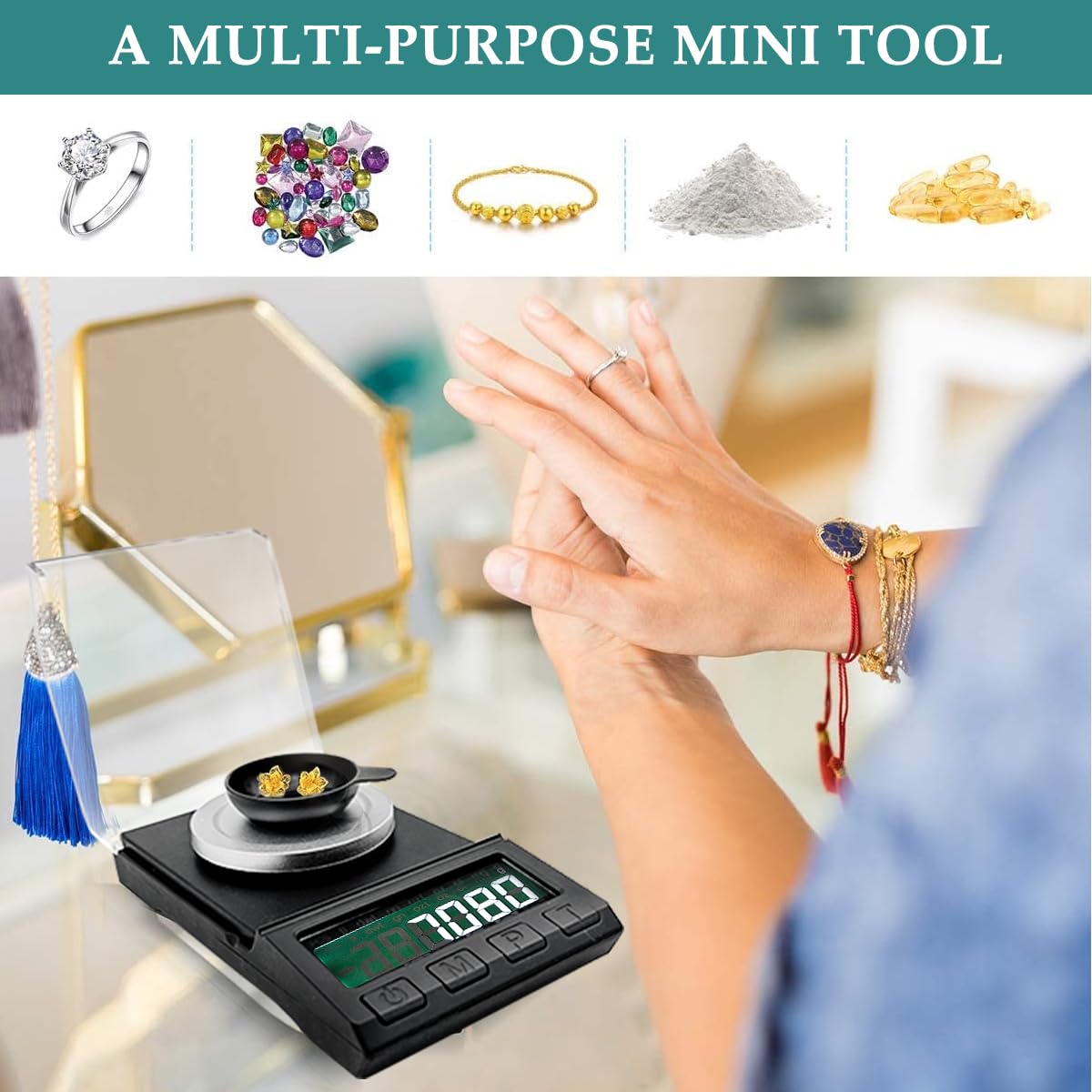 HASTHIP Digital Kitchen Weighing Scale for Home with 50g Capacity and 0.001g Precision | Portable LCD Pocket Scale with Tray Calibration Weight and Tweezer