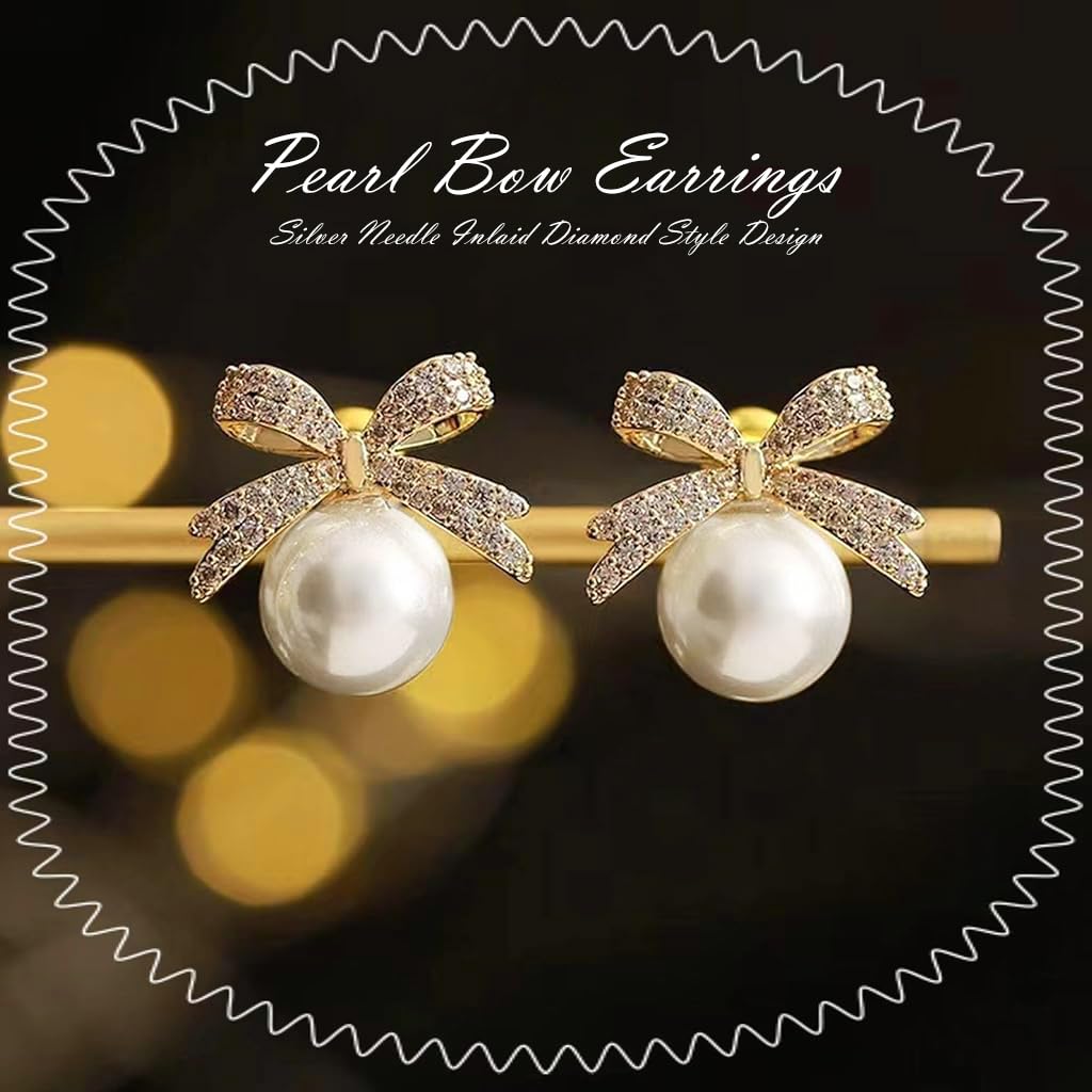 ZIBUYU Bow Pearl Earstuds featuring Rhinestone Embellished Alloy Design for Women | Elegant Gift for Weddings and Birthdays