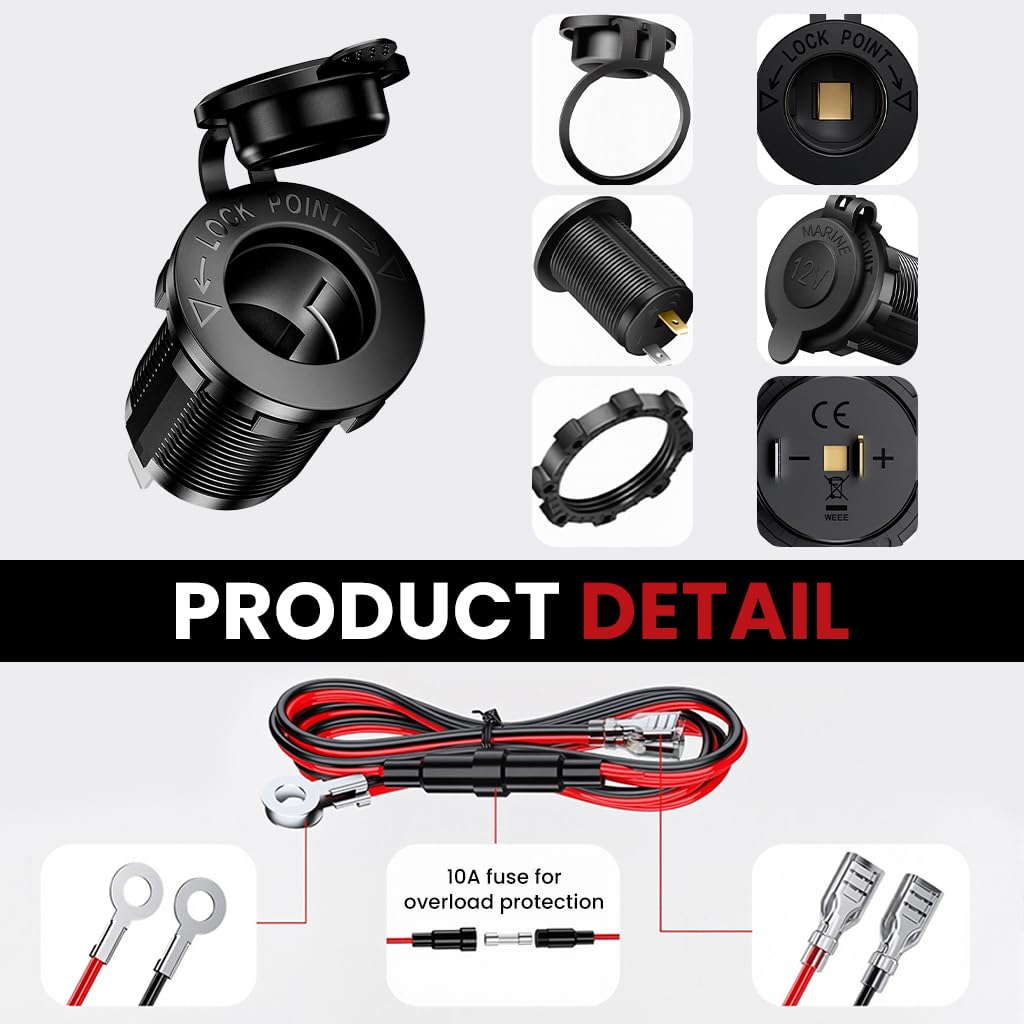 STHIRA Cigarette Lighter Socket USB Charger for Car RV Boat Motorcycle | 2Pack 12V Waterproof Adapter