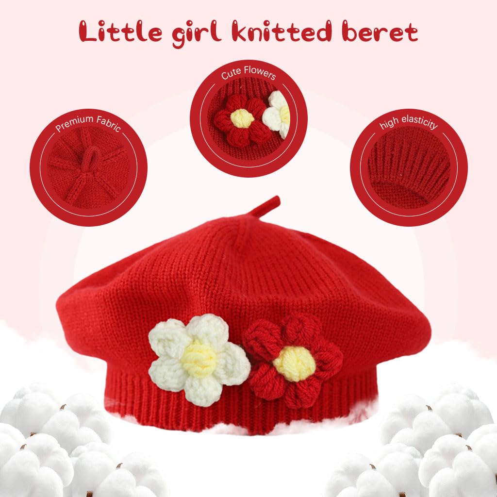 SNOWIE SOFT® Girls Winter Hat Little Red Beret Hat Knitting Flower Winter Hat for Little Girls Winter Soft Warm Winter Hat Cute Girls Baby Girls Hat Christmas Gift for 6-30 Months Baby Girls