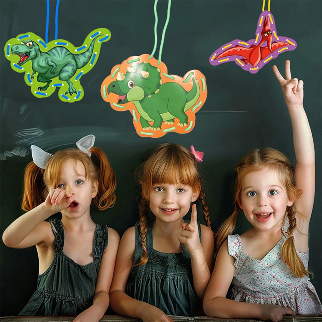 PATPAT Dinosaur Lacing Cards for Kids including 12 Cards and 12 Ropes | Fine Motor Skill Learning Toy