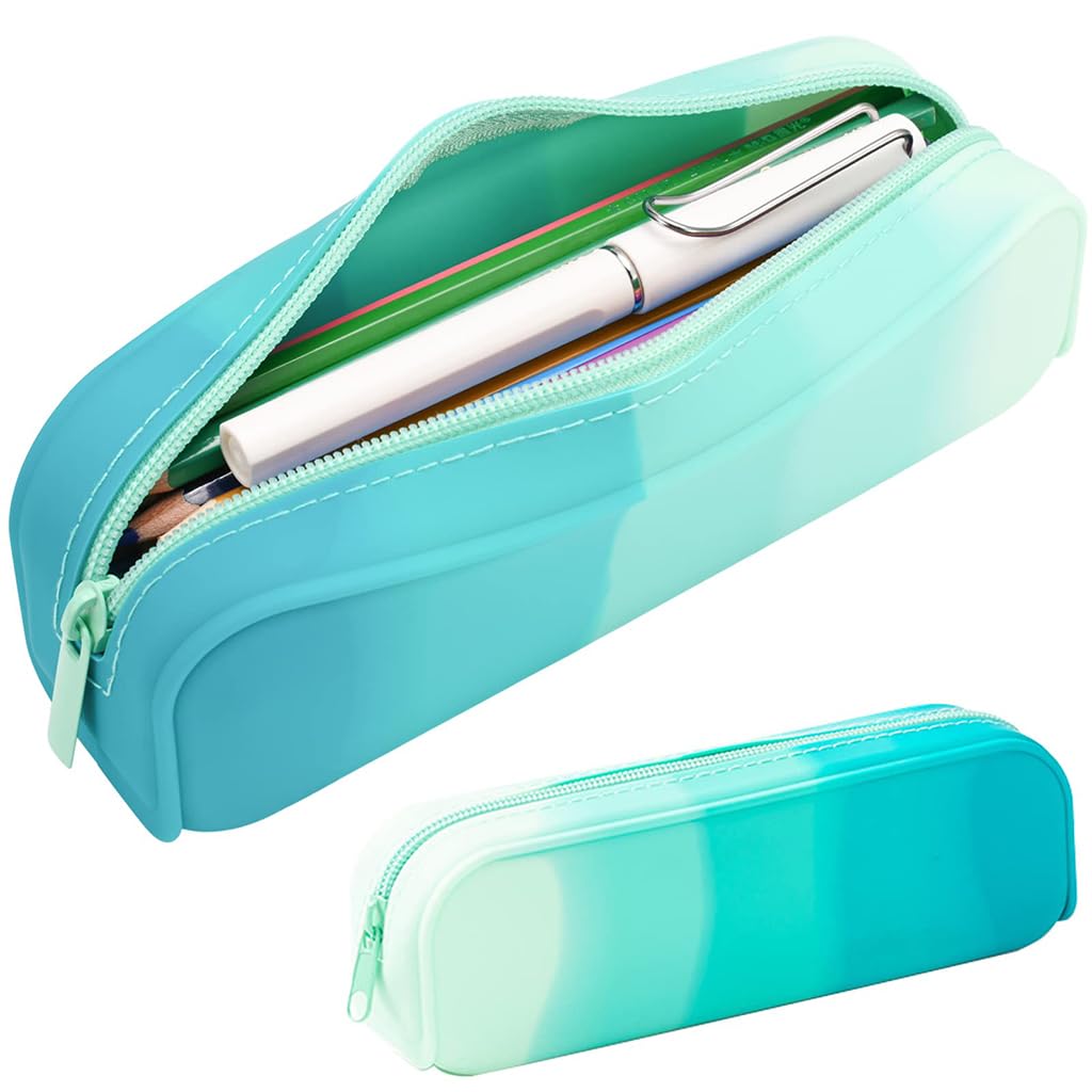 SNOWIE SOFT Pencil Pouch for School with Secure Zipper and 7.9x1.96x2.36 in Size | Gradient Green Silicone Case for Girls