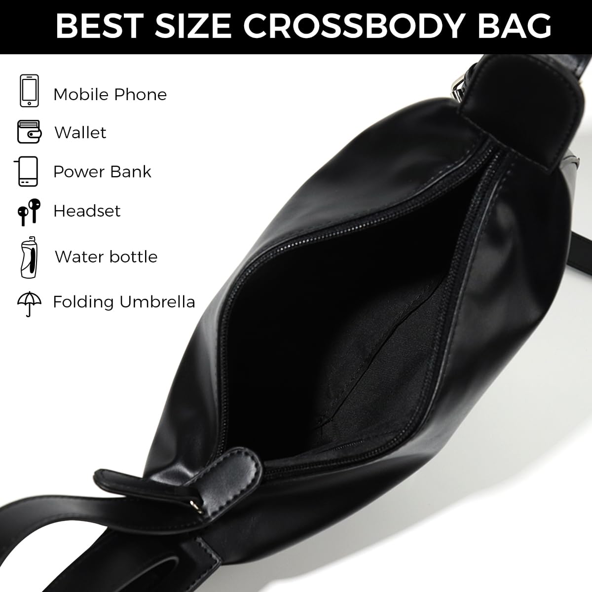 ZIBUYU Crossbody Bag for Women with Adjustable Strap and Handle | Black PU Sling Bag