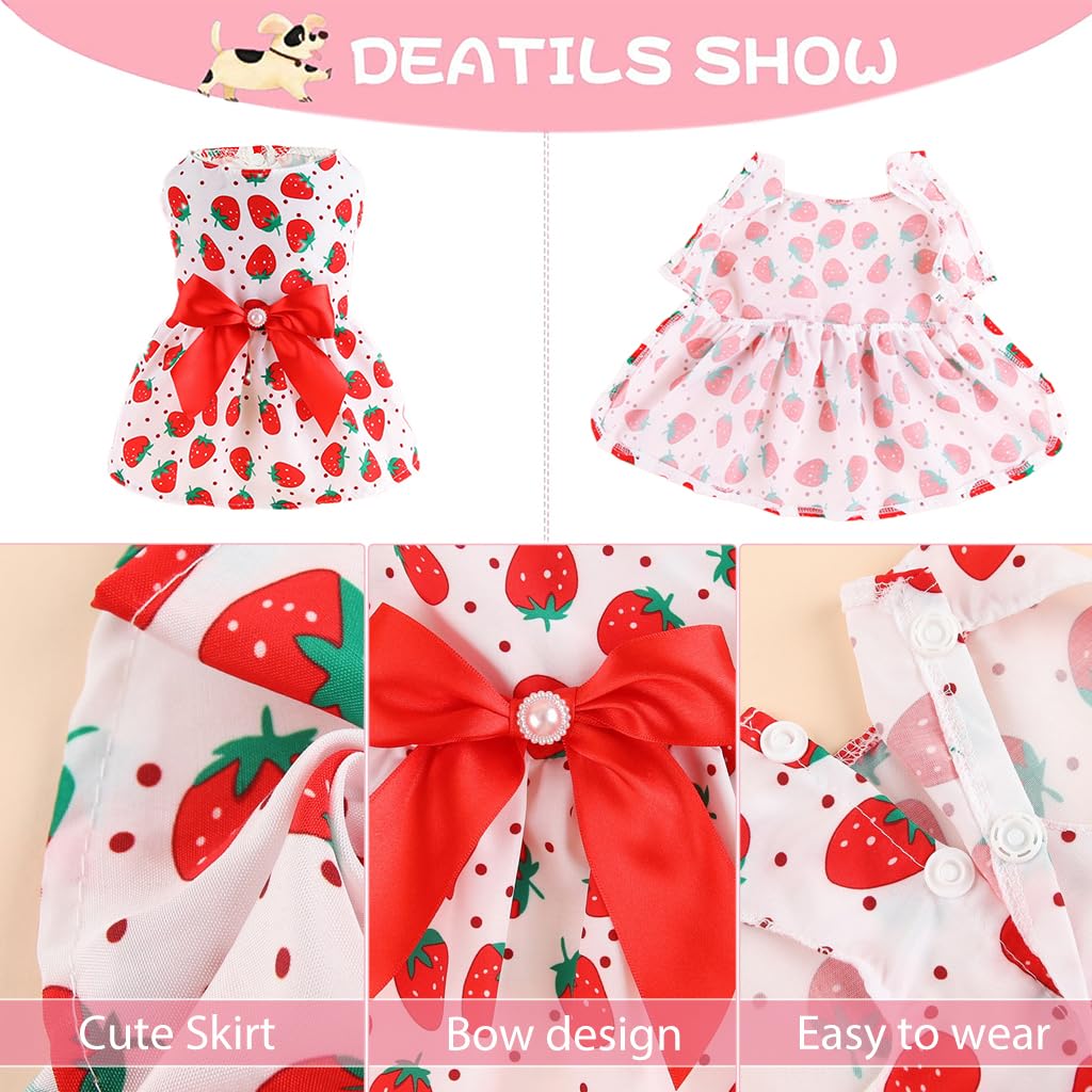 Qpets® Summer Female Dog Dress for Small Dogs Kitten Dog Clothes Clothing Cute Strawberry Bow Print Princess Dress for Puppies, Kittens, Chihuahua, Maltese, Pug, Papillon(Suitable for 3-3.5kg)