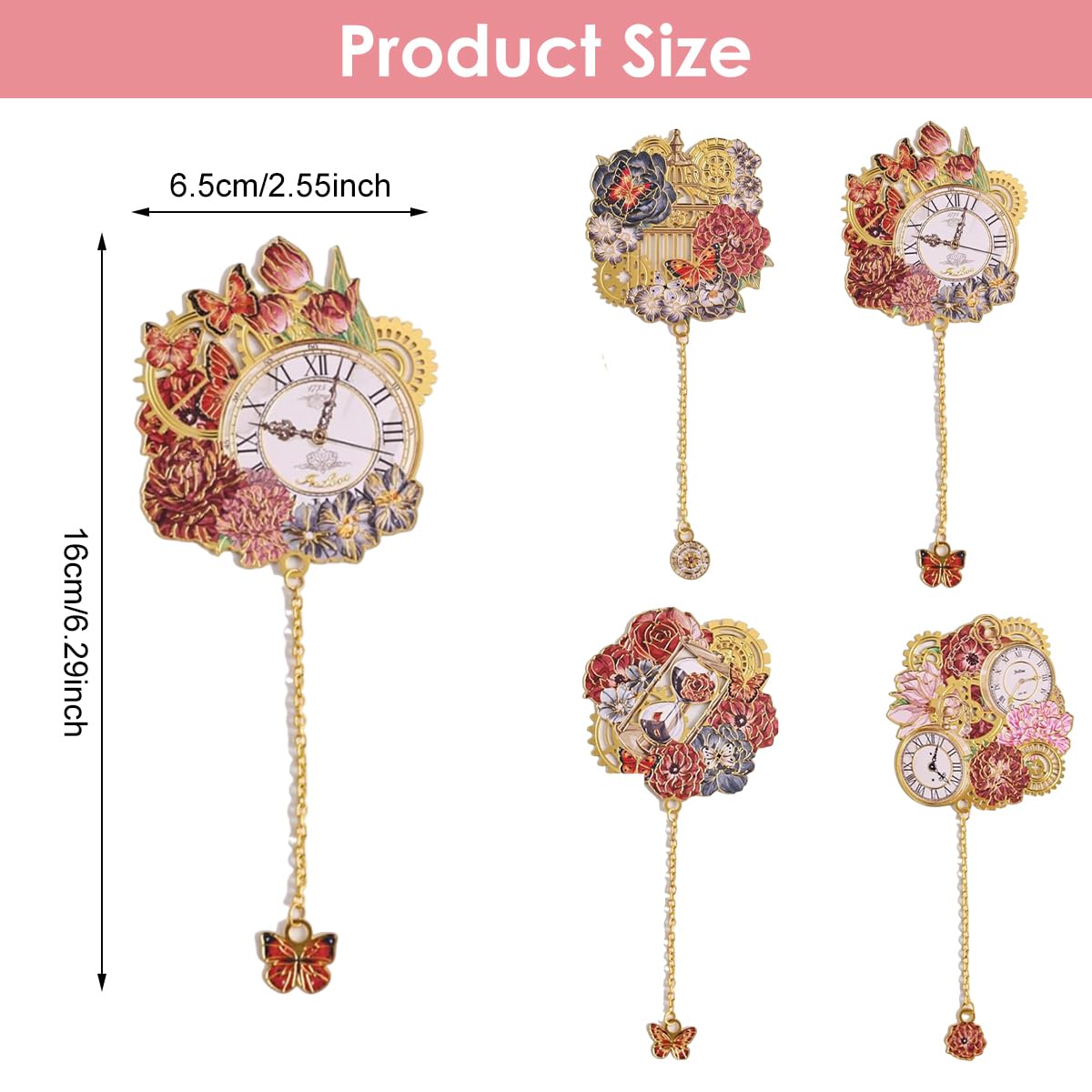 OFIFO Bookmarks Set for Reading with Pocket Watch Inspired Pendant Chain | 4PCS Metal Gift