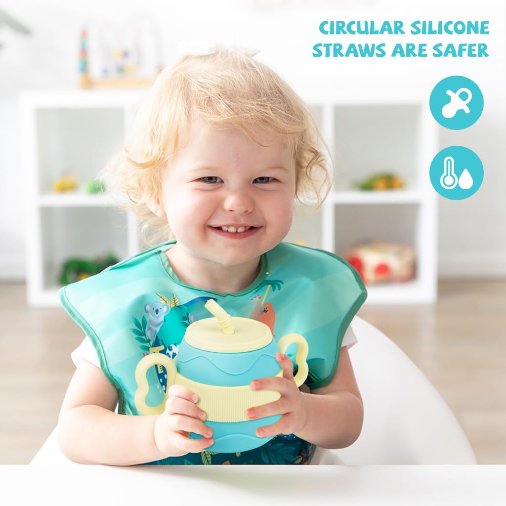 SNOWIE SOFT® Silicone Cup for Baby 200ml Portable Silicone Training Cup with Ears Baby Cup with 2 Lids, Soft Silicone Straw Bottle for Kids, BPA-Free, Spill Proof Non-Slip Sippy Cup for Toddlers