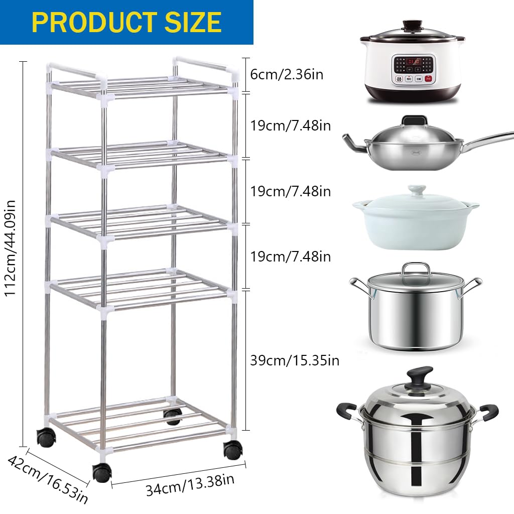 Supvox® Kitchen Organizer with Wheel 5-Layer Stainless Steel Kitchen Shelf Organizer Space Saving Kitchenware Organizer for Pan, Pot, Deep Fry Pot