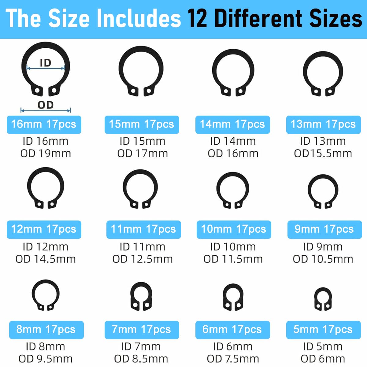 Serplex Circlips Set for Mechanical Repairs with 324 pcs 24 Sizes Carbon Steel | Organized Storage Box