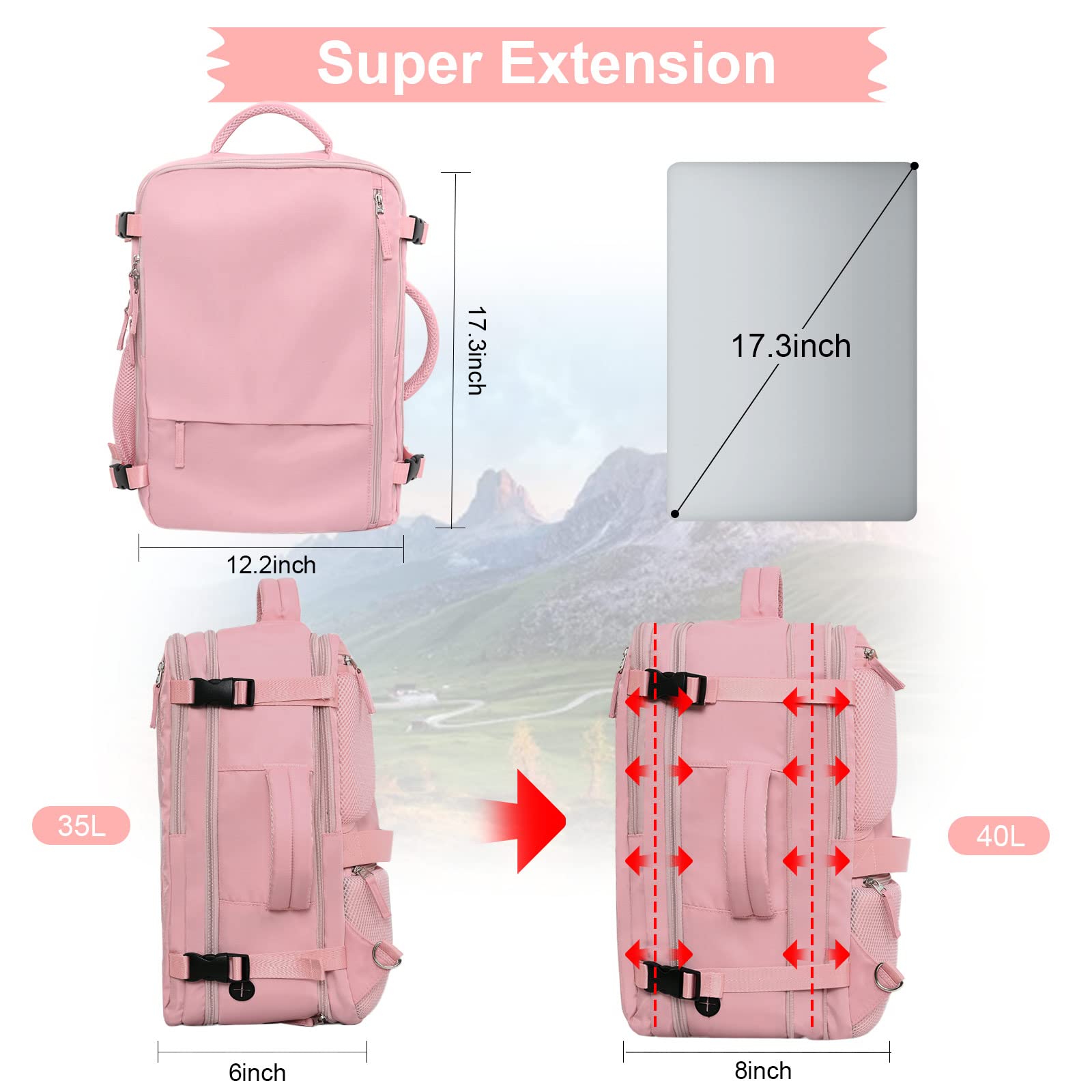 PALAY Laptop Backpack for Travel and Business with Dual Handle and 20L–35L Expansion | Pink