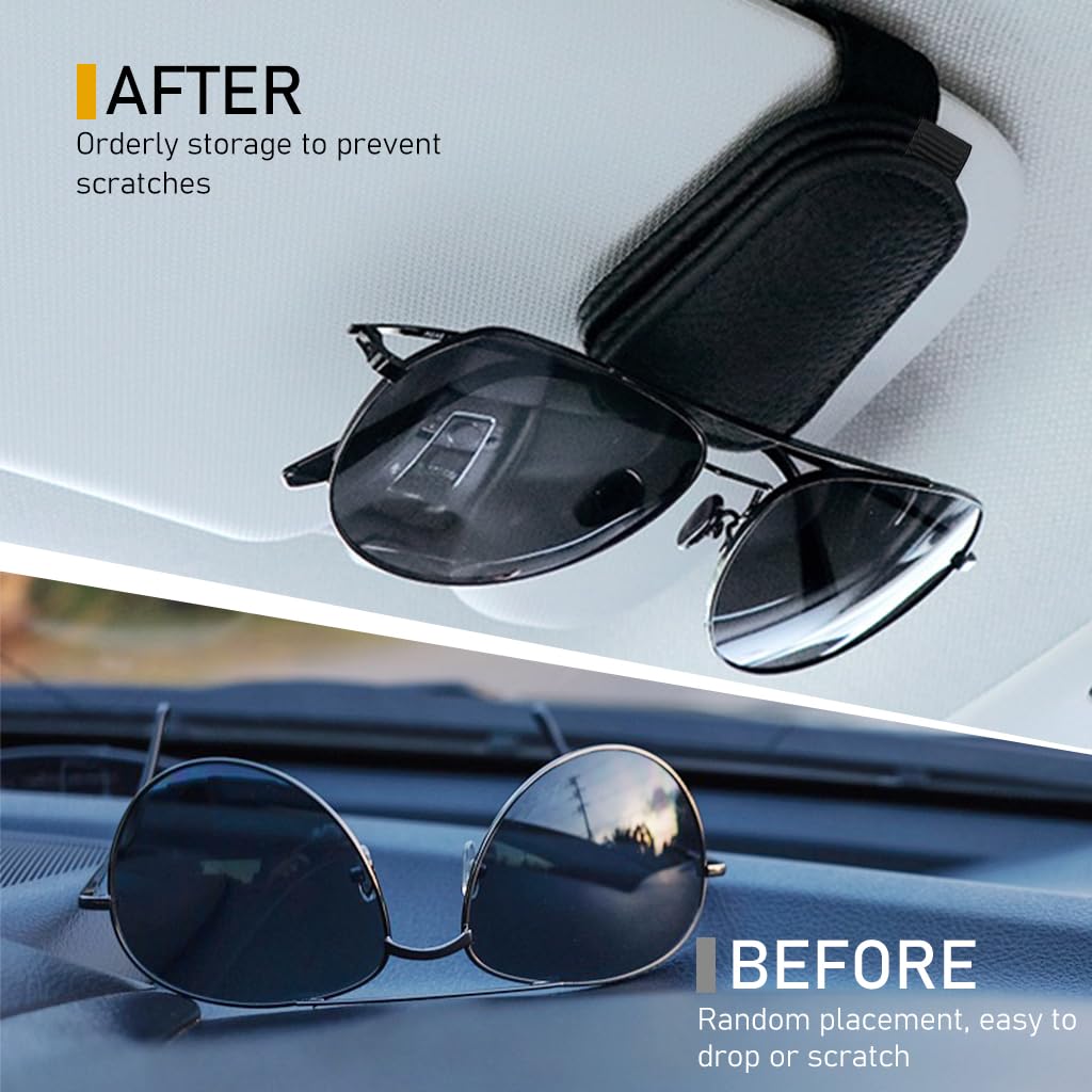 STHIRA® 2Pcs Car Sunglasses Holder, Clip On Sunglasses Holder for Car, Magnet Sunglasses Holder for Sun Visor, Car Sunglass Holder and Ticket Card Clip for Car Visor, PU Leather Eyeglass Hanger Clip for Car